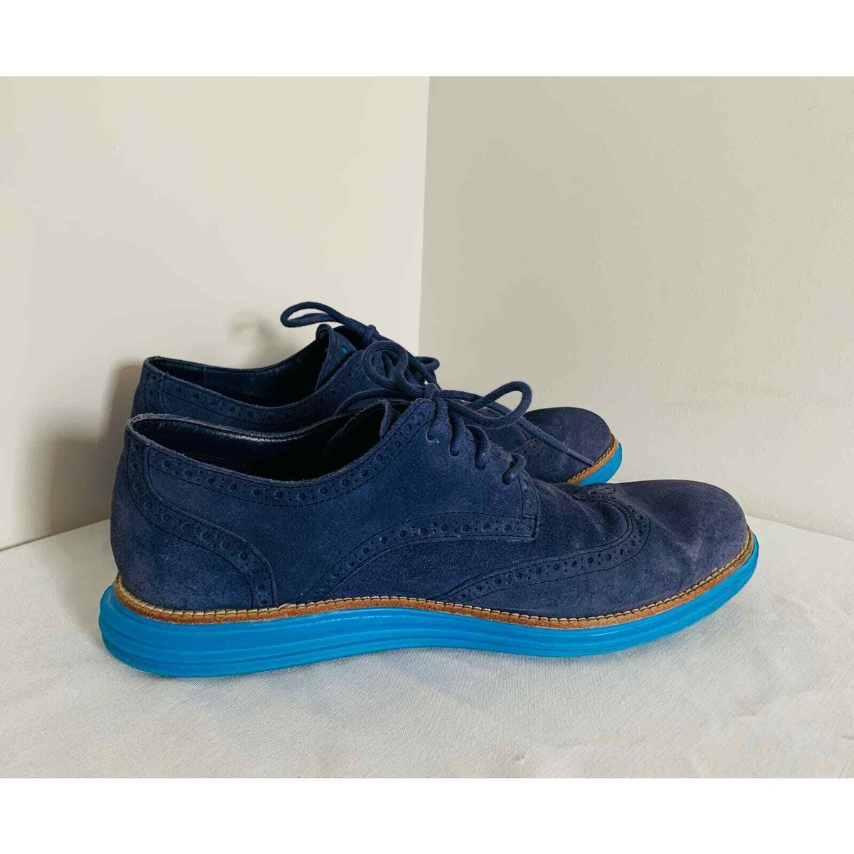 Cole Haan Lunargrand Blue Suede Shoes Wingtip Oxford Derby 
