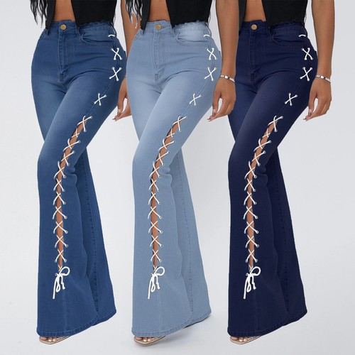 Plus Size Women High Waist Jeans Side Slit Lace Up Shaping Bootcut Denim  Pants | eBay
