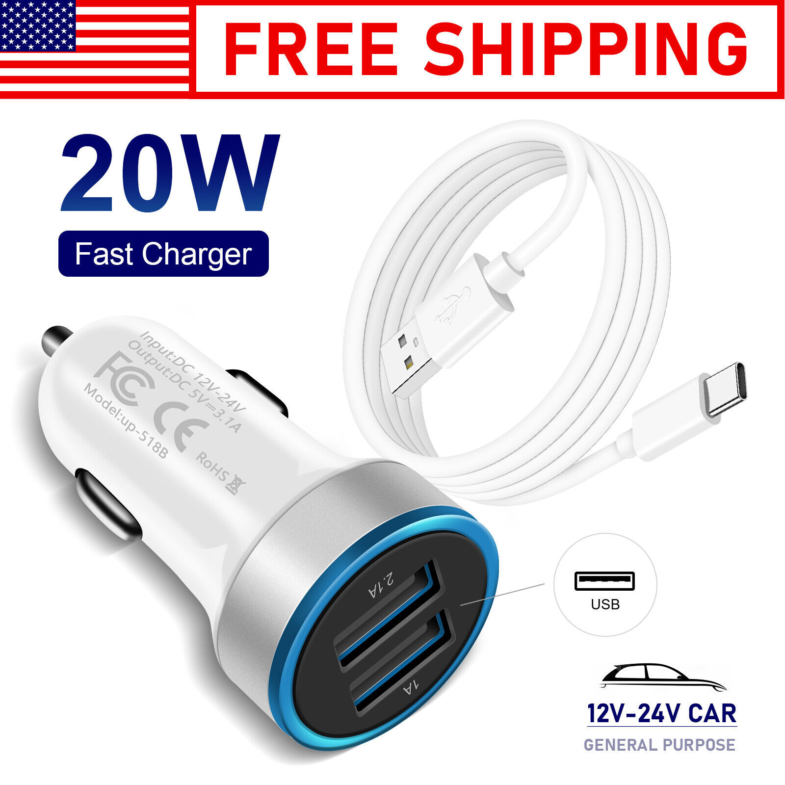 LED Car Charger USB Type C Cable Cord for Samsung Galaxy Z Fold Flip 4 3/Note20