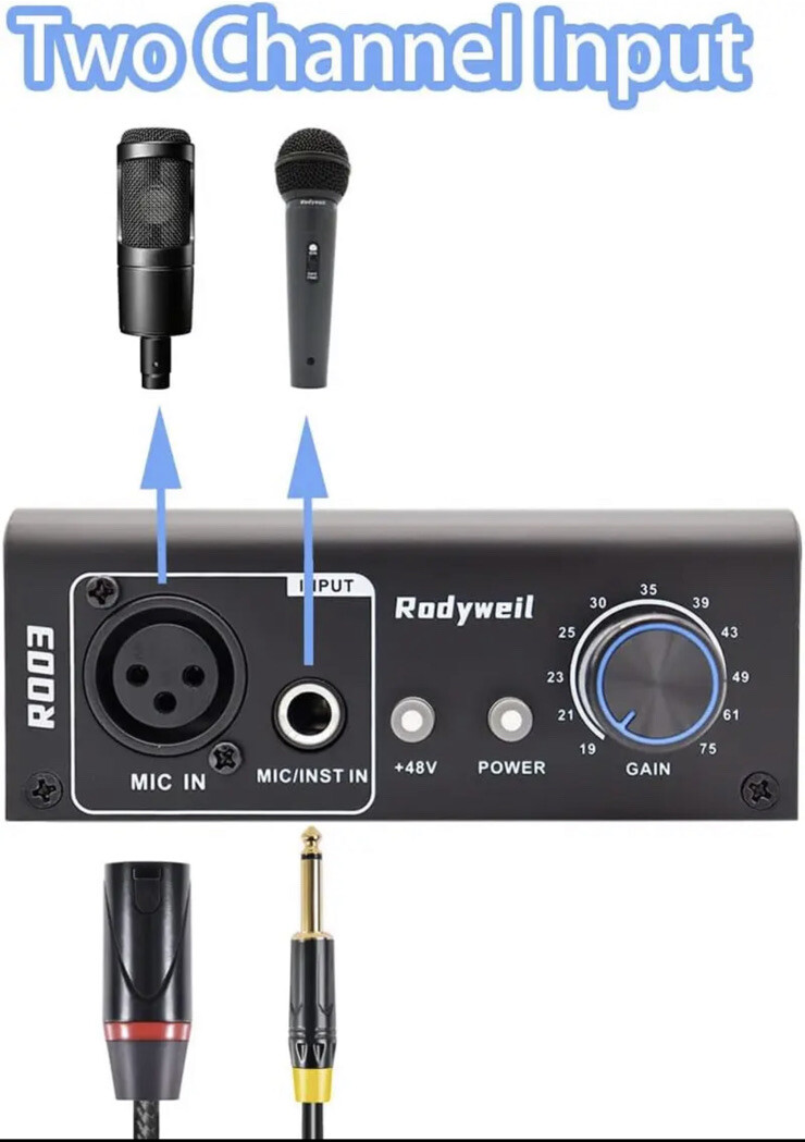 Microphone Preamp Mic Gain Booster with 2 Input Max 75Db Gain 48V Phantom Power Rockets Garden