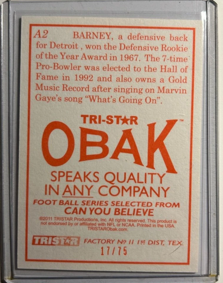 Lem Barney AUTO #/75 Tri-Star Obak Orange 2011 Autograph Lions HOF Marvin Gaye - Image 2 of 2