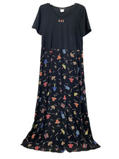 Vtg Stonebridge Maxi Dress Women Size 8 Cottgecore Lamp Design Embroidered Black