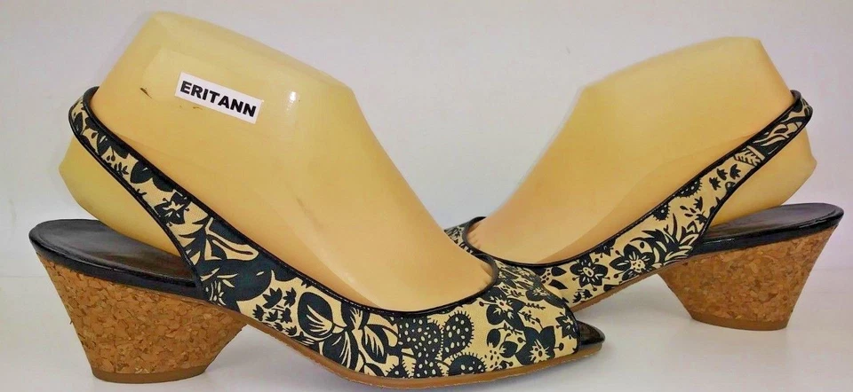 Moda Spana Womens Sandals Slingbacks 8 M Beige Black Floral Vegan Heels 2006 - Image 4 of 4
