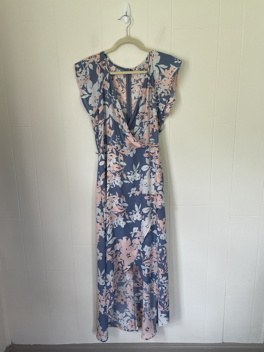 charlotte russe midi dresses Charlotte Russe Faux Wrap Midi Dress Size L Floral Grey Pink Lined Pretty