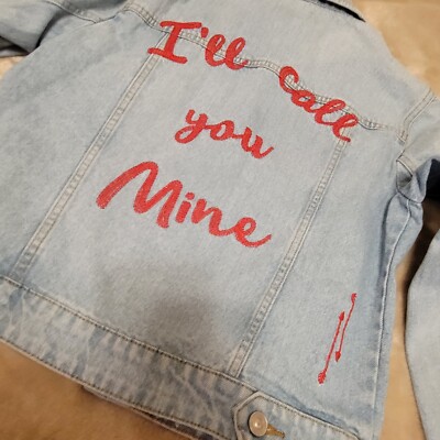 STRADIVARIUS Womens Denim Jacket Sz M Embroidered 'I'll call you Mine'