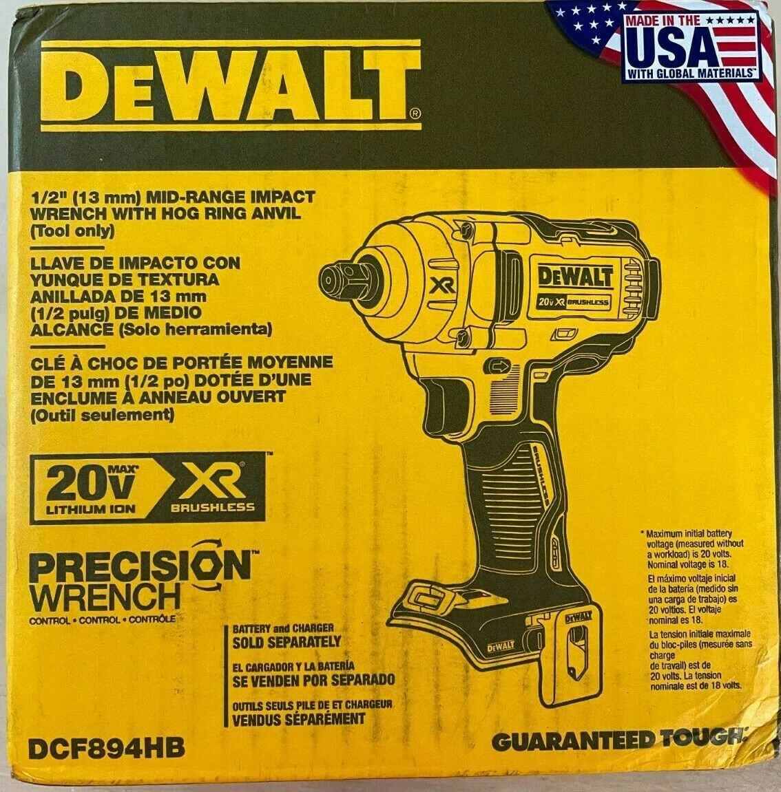 Made in USA Dewalt DCF894HB 1/2 Mid Range Impact Wrench Hog Ring New