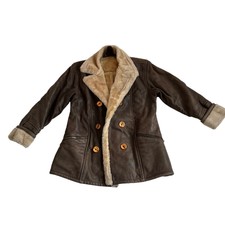 Vintage Leather Coat Brown Womens Medium Faux Fur Shearling Lining Button Up