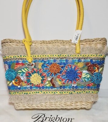 BRIGHTON LOUISA FLORAL LEATHER APPLIQUE EMBELLISHED STRAW MULTI-MEDIA TOTE $450
