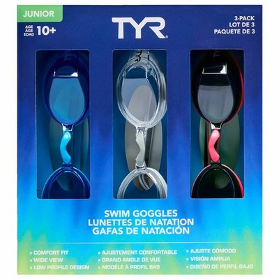 TYR Junior Schwimmbrille 10+ Alter Antibeschlag UV Schutz Schwimmen verstellbar 3er Pack