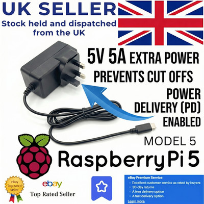 Raspberry Pi 5 Type C USB Main Power Delivery UK Wall Supply Charger 5V 5A UK PD
