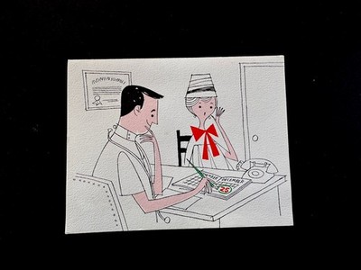 1 VTG MCM Xmas Greeting Card By Bob Graham  Due Date  Lady Ecstatic About Timing