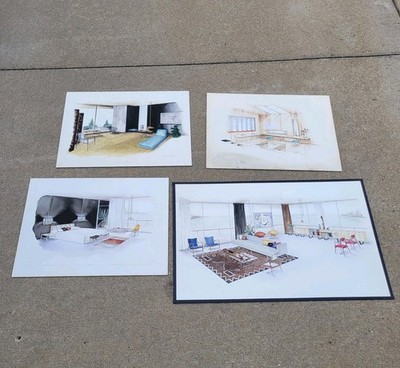 Set 4 1960s Original Interior Design Architectural Rendering Sketches MCM Signed