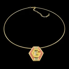 Vintage 1977 GIVENCHY Logo Pink Enamel Gold Slide Pendant Choker PARIS Necklace