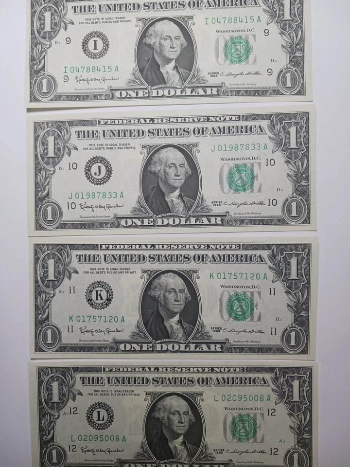 1963 $1.00 Federal Reserve Notes Complete District Set A-L-12 Notes - Choice UNC - Image 3 of 3