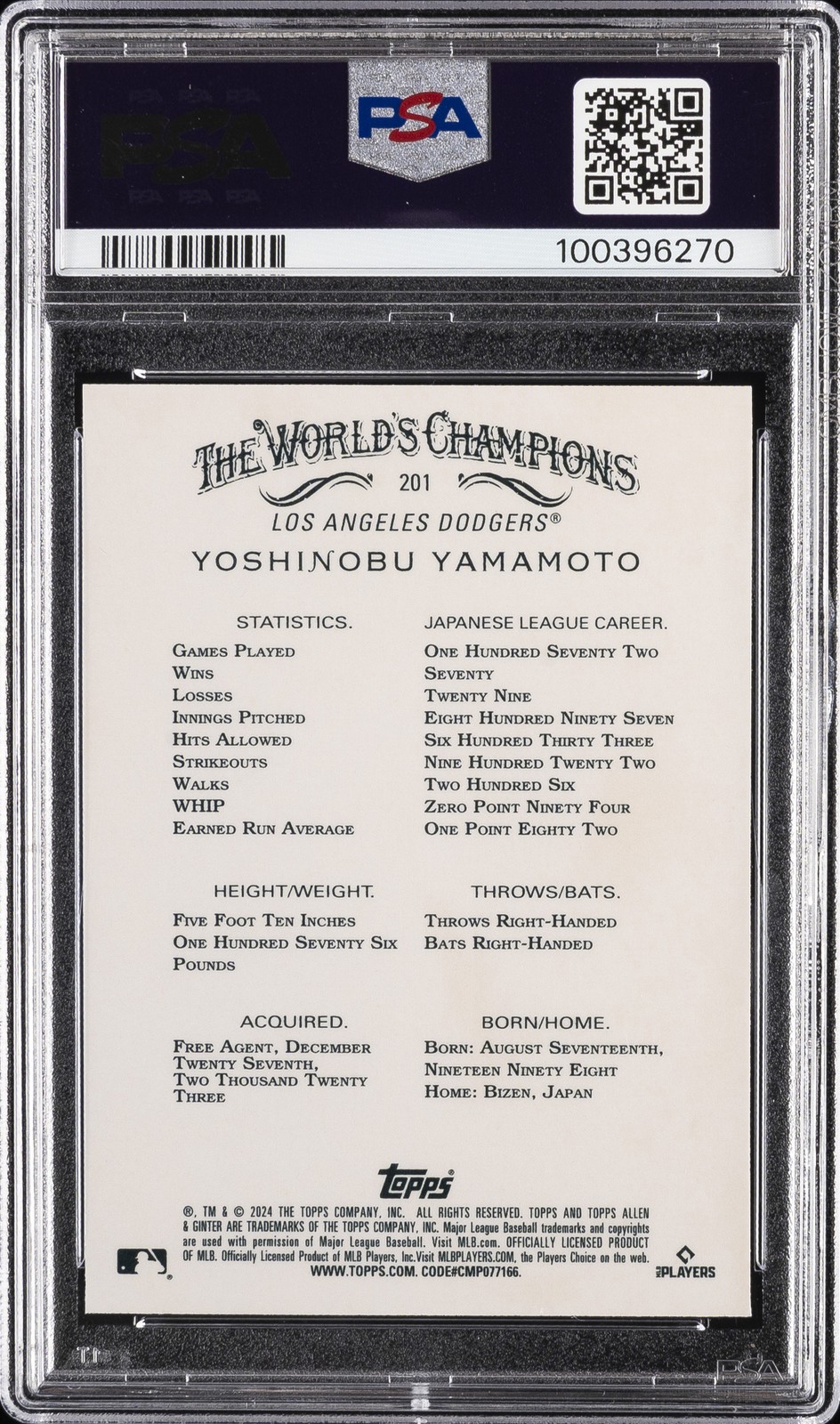 2024 ALLEN & GINTER CHROME #201 YOSHINOBU YAMAMOTO PSA 10