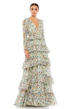 Mac Duggal Green Multi Floral Printed Tiered Ruffle Long Sleeve Gown Size 8 798