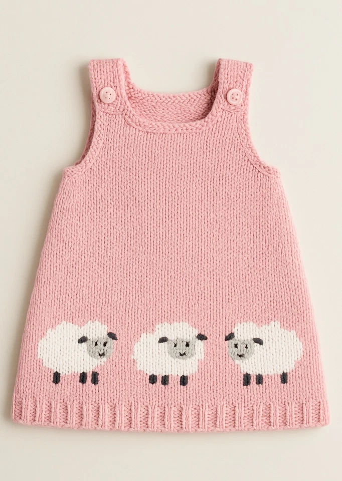 PATTERN PHOTOCOPY PINK BABY'S SLEEVELESS PINAFORE DRESS SHEEP DK KNITTING PATTERN 0-24 MONTHS