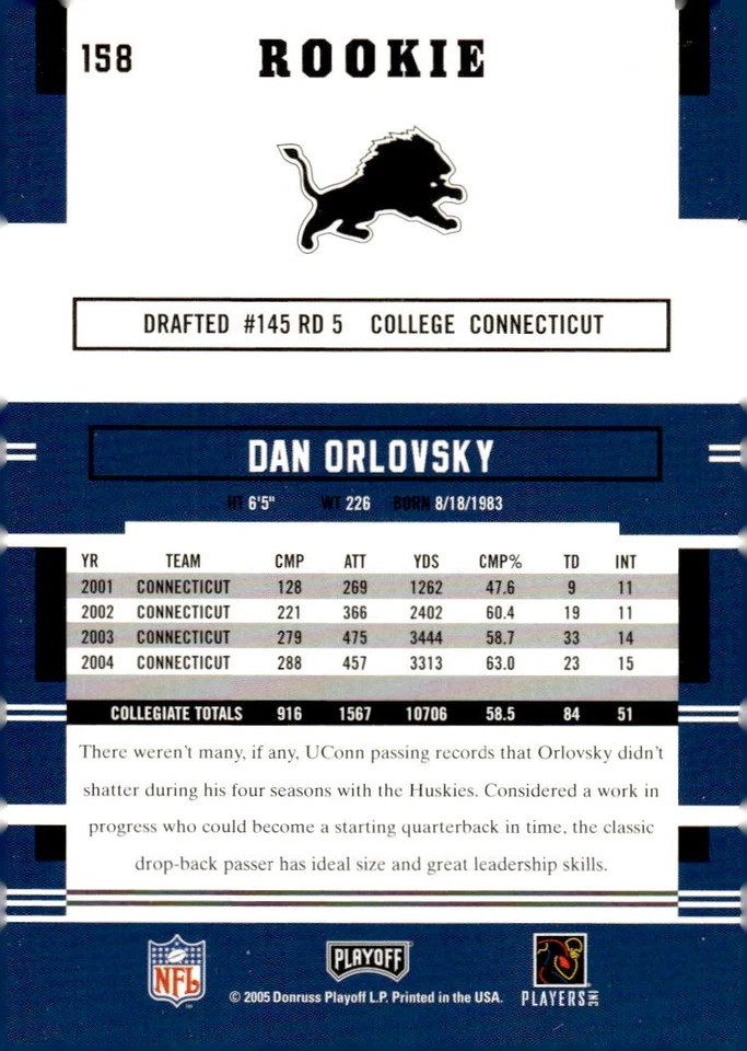 2005 Playoff Prestige #158 Dan Orlovsky - Image 2 of 2