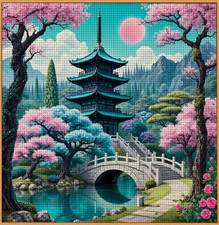 Printed Cross Stitch Kit 11 ct Pagoda Stone Bridge over Water 30x30cm UK