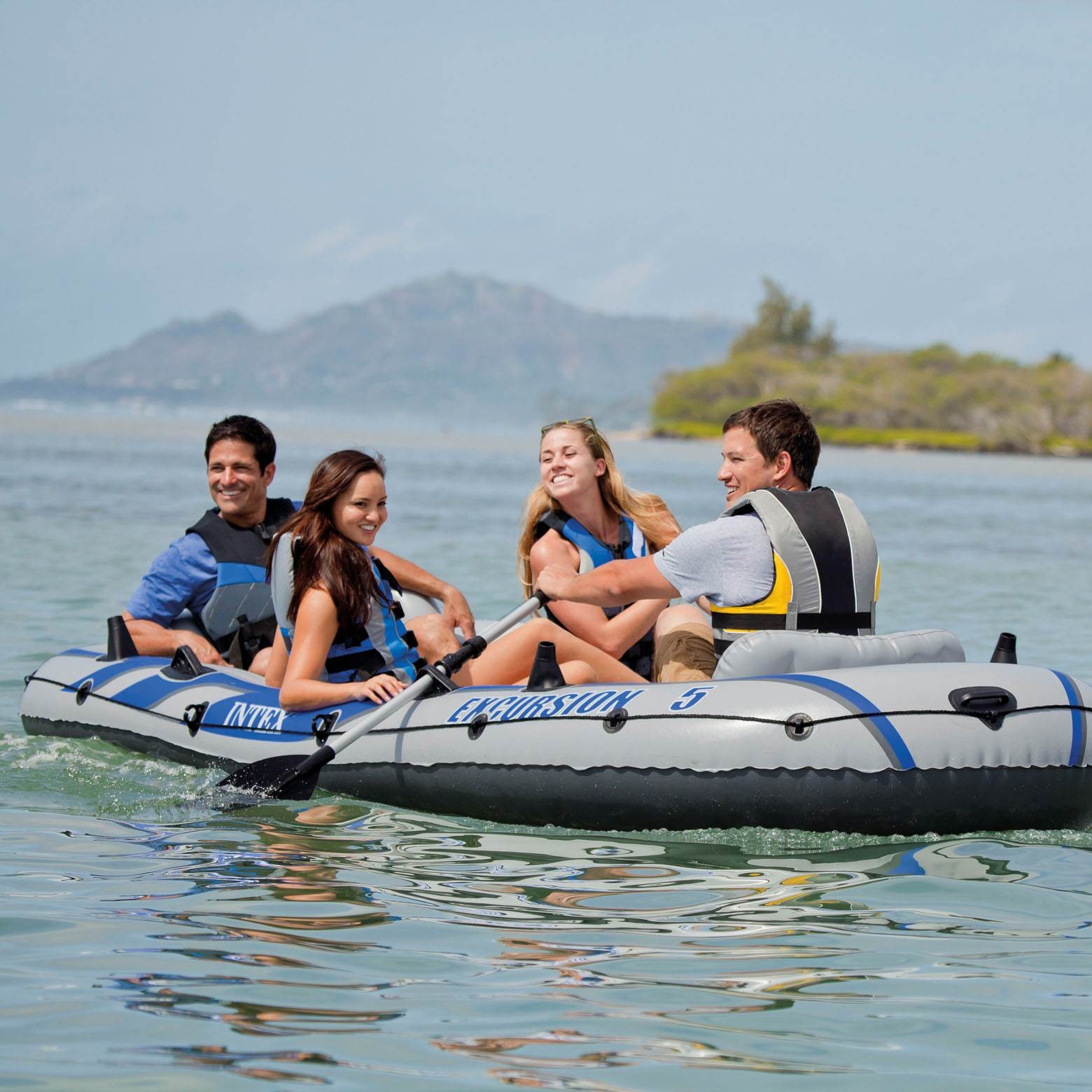 Intex Excursion 5 Inflatable Fishing Boat Set with Transom Mount Trolling Motor