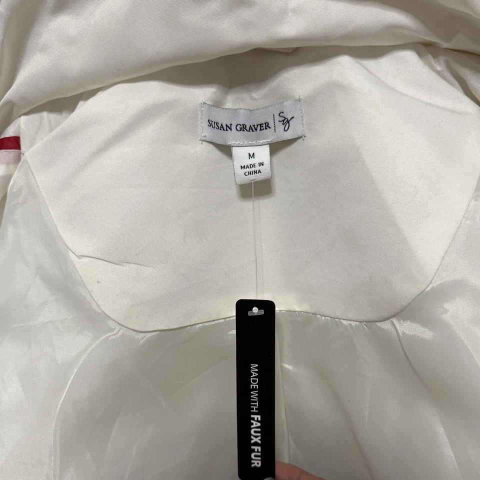 Susan Graver White Quilted Puffer Coat with Faux Fur Hood – Women’s Size M - Image 4 of 4