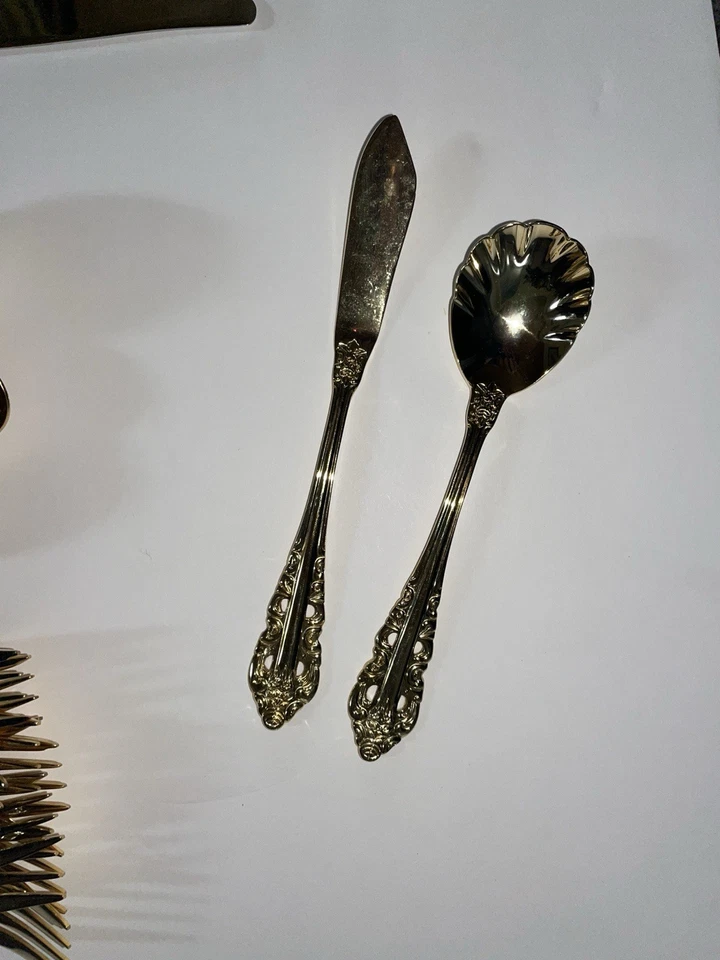 Wallace Golden Electroplate 18/0 Stainless Steel 48 Piece Flatware Set Baroque? - Image 2 of 4