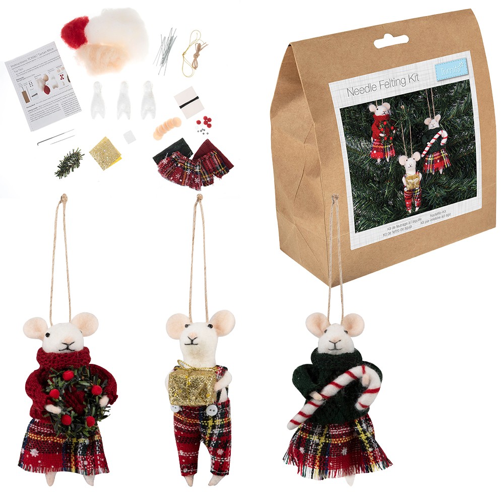 Tartan Mice Trio | Needle Felting Kit | Complete Christmas Craft Kit