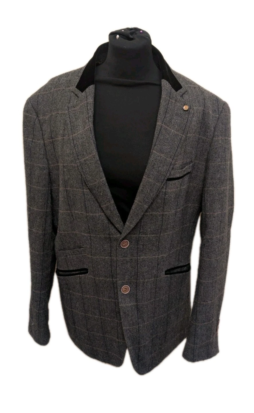 Voeut Milano Grey/Blue Stripe Wool Blend Blazer Velvet Trim, UK42, EU52, US42.