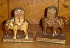 Pair Of L.V. Aronson 1923 Gold Tone Cast Metal Elephant Bookends