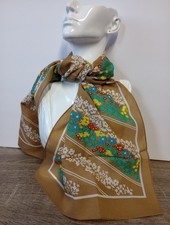 Vintage Polyester Striped Floral Brown White 12"X34" Rectangle Scarf Japan