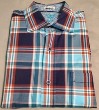 Bugatchi Uomo Mens Short Sleeve Shirt Teal Plaid Button Up Shaped Fit Size Small