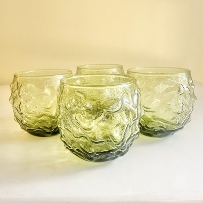 VTG Anchor Hocking Lido Milano Green Roly Poly Glasses Set 4 Crinkle Tumbler MCM