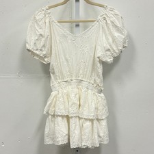 Sky to Moon Eyelet Lace Mini Dress Puff Sleeve Smocked Waist Small White Boho