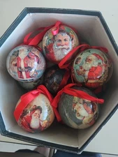 Vintage Set of 12 Decoupage/Paper Mache "Antique Santas" Ornaments in Box 1995