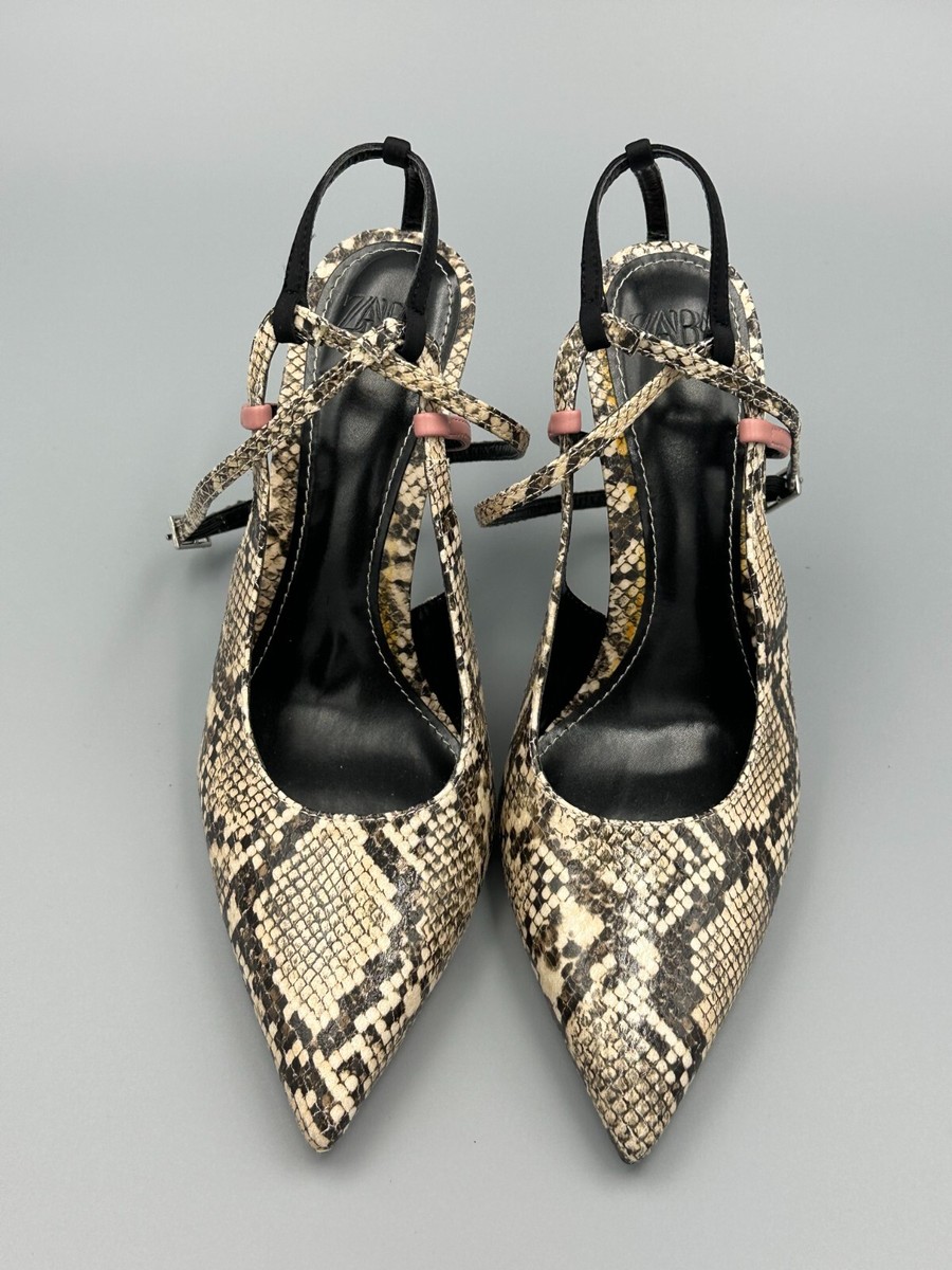 Zara women shoes beige Snake print open back wrap up pupms 3