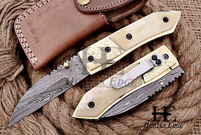 HUNTEX Custom Handmade Damascus 110mm Camel Bone Hunting Sheepsfoot Pocket Knife