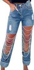 Women Ripped Jeans Straight Leg Denim Pants Cut Out Distressed Chain Rhinestone