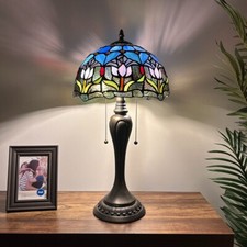 Tiffany Style Table Lamp Blue Stained Glass Tulips LED Bulbs 12"W 12"D 22"H