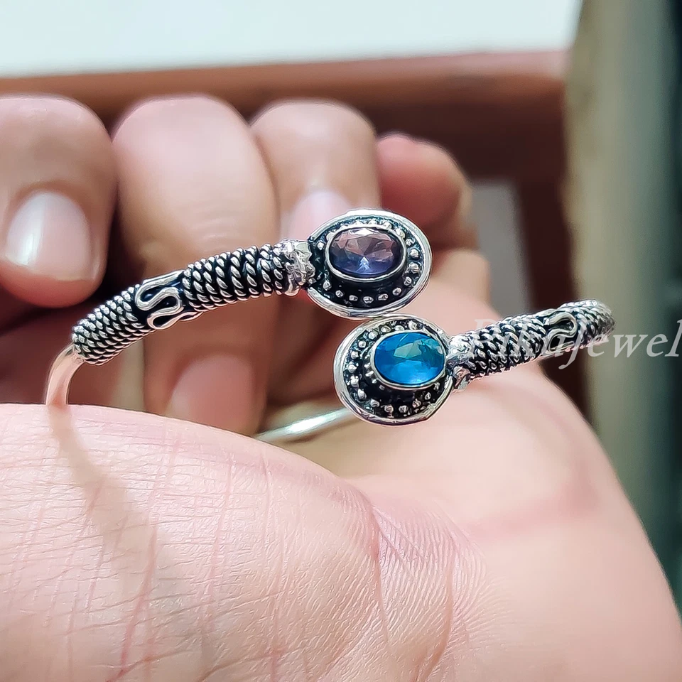 Браслет унисекс из стерлингового серебра 925 пробы с голубым топазом и аметистом London - Изображение 3 из 4