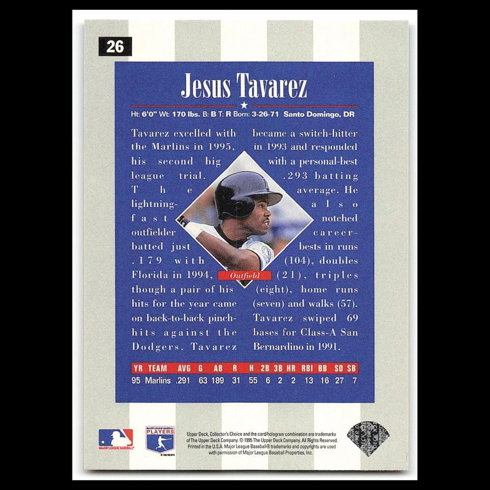 Jesus Tavarez Rookie #26 1996 Collectors Choice Florida Marlins Baseball Card NM - Image 2 of 3