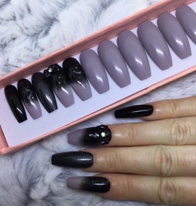 Details About Grey Black Ombre Glitter Bow False Fake Extra Long Coffin Nails Set