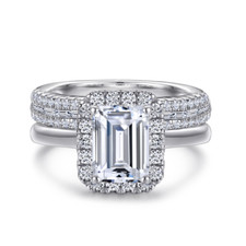2 Carat Emerald Cut Halo 2 Pcs Bridal Set Rings