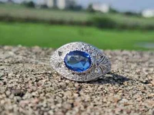 Art Deco Style 3Ct Oval Blue Sapphire & Lab Created Diamond Wedding Silver Ring