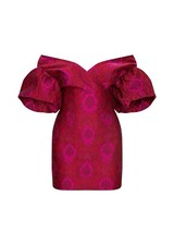 Pretty Little Thing Fuchsia Pink Jacquard Puff Sleeve Bodycon Dress Size 4 Uk