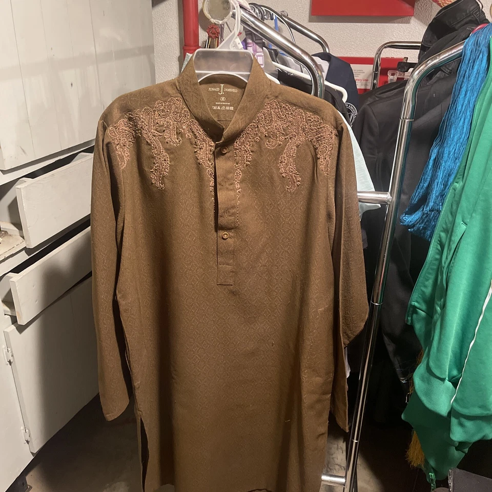 Men's Brown Junaid Jamsshed Shirt Kurta Cotton Ethnic Clothing DressWithout PJ - Image 2 of 4