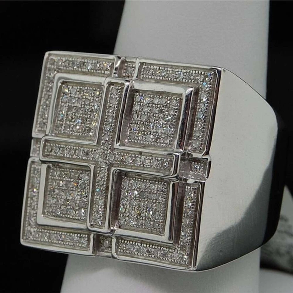 Anillo para hombre 0,60 ctw brillante moissanita enchapado en oro blanco 14K cuadrado meñique pavé Foto 4 de 4