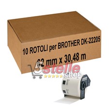 10 x ROTOLI ADESIVI MODULO CONTINUO COMPATIBILI BROTHER DK-22205 62mm x 30,48mt