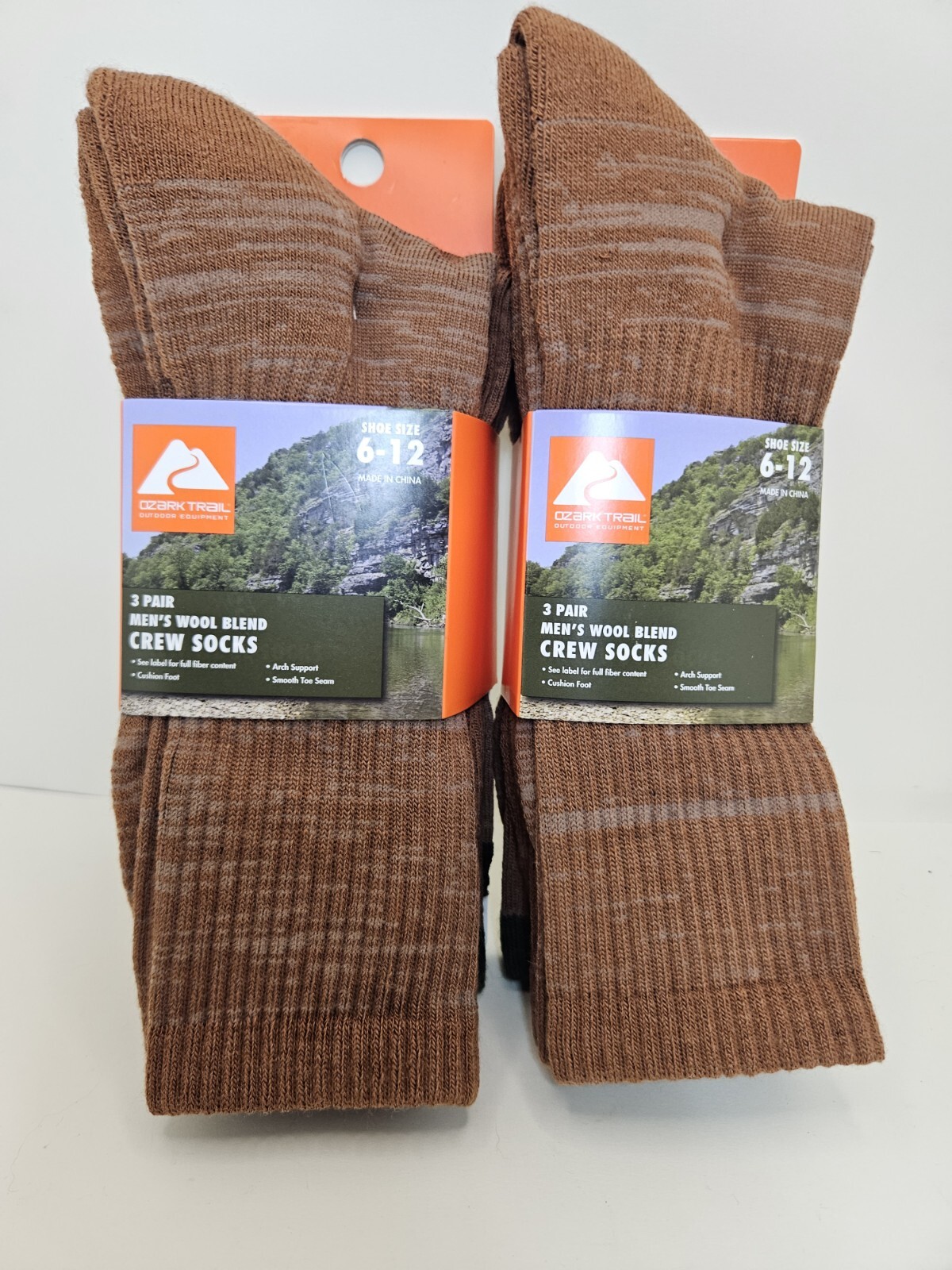 Ozark Trail Crew Socks Arch Support Wool Blend Cognac Brown Mens Sz 6-12 2 Pack