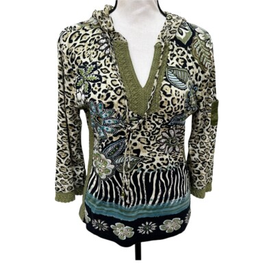 Forbidden Cotton animal print embelished blouse With Hood Sleeve Pocket Size L
