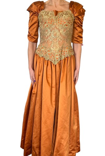 ESCADA COUTURE WOMEN'S SILK SATIN ORANGE EMBROIDERED VICTORIAN BALL GOWN 36 4/6 - Picture 10 of 22